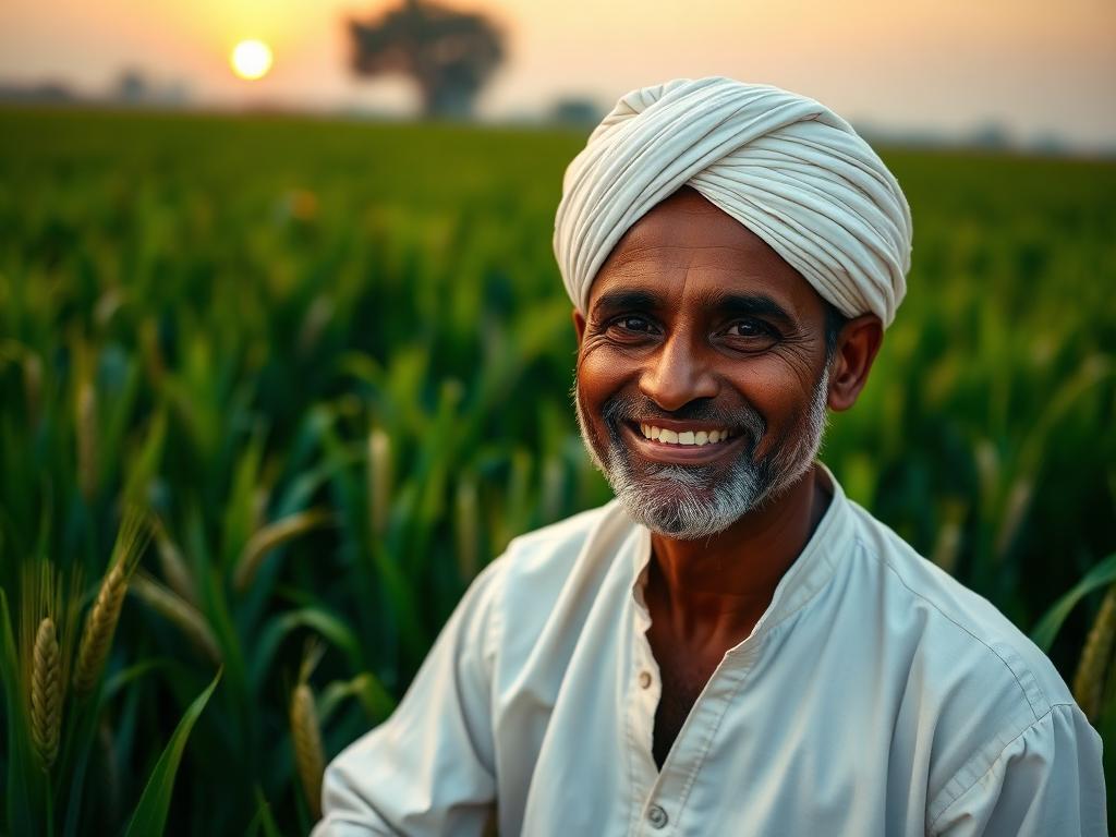 Indian farmer in a green field