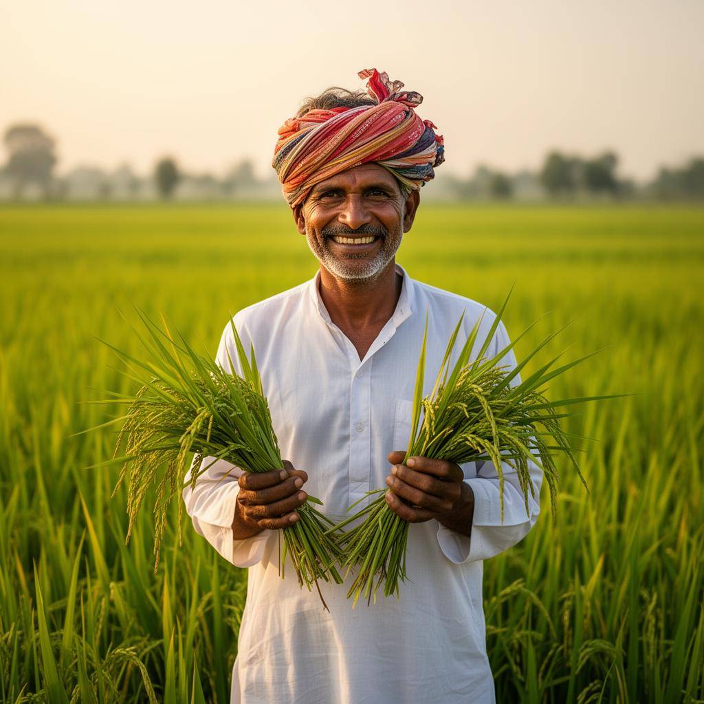 Indian farmer in a green field