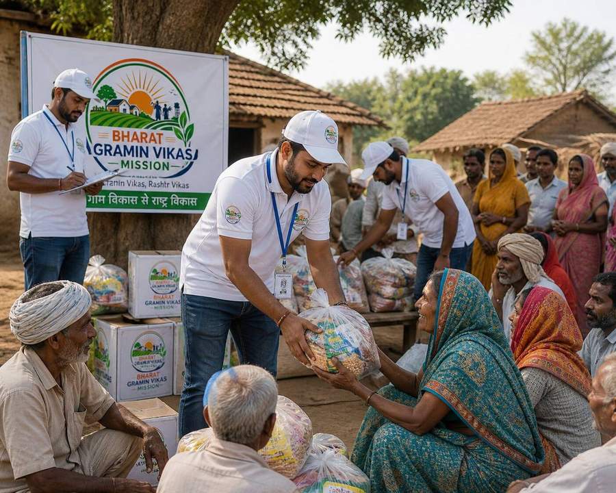 BGVM team gramin mahila ko ration kit deti hui